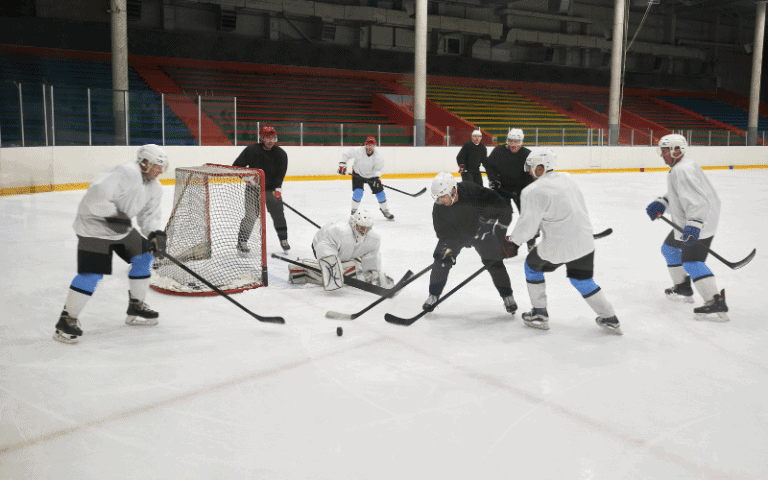 Players skate peacefully, showing respect and fairness. Stick handling and teamwork are evident