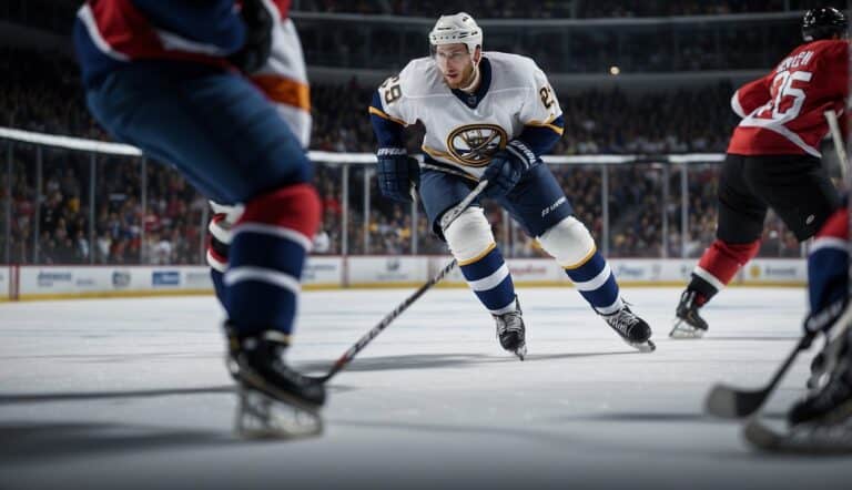 A hockey player skates towards the goal, stick poised to strike. The crowd cheers as the puck flies through the air, heading towards the net