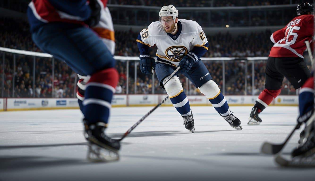 A hockey player skates towards the goal, stick poised to strike. The crowd cheers as the puck flies through the air, heading towards the net