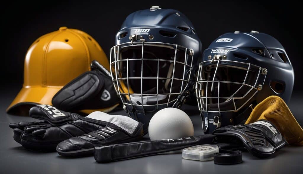 Hockey gear and protective equipment laid out neatly with clear and simple hockey rule explanations