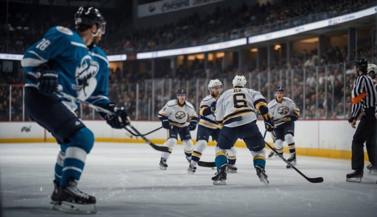 A hockey stick strikes a puck on an icy rink, surrounded by cheering fans and players in action