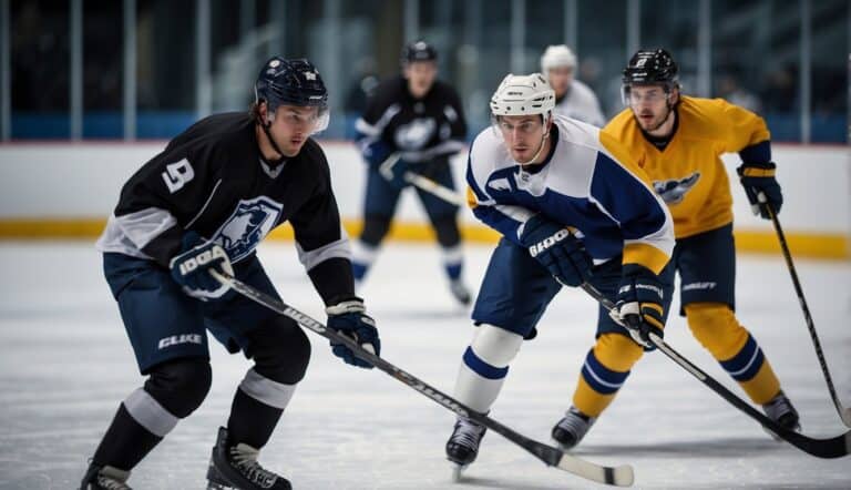 Hockey players practicing drills on the ice rink, passing and shooting the puck with precision and speed