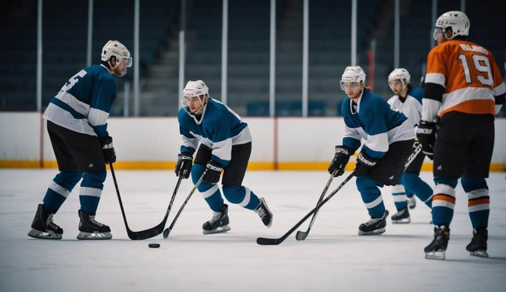 Hockey players practicing drills on the field with cones, sticks, and a goal. The coach is giving instructions while players work on their passing and shooting skills