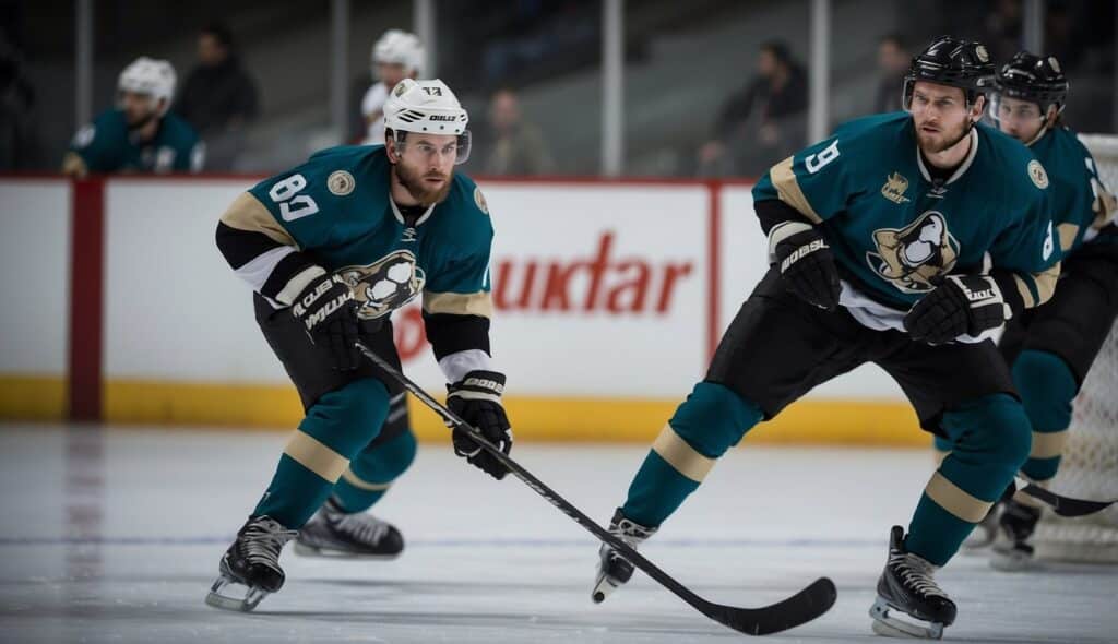 A hockey player performing specific training exercises on the ice with equipment and drills