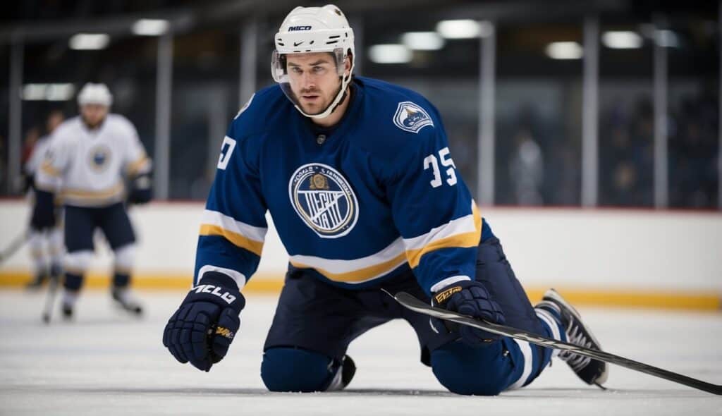 A hockey player performing position-specific training exercises on the ice, focusing on agility and puck control