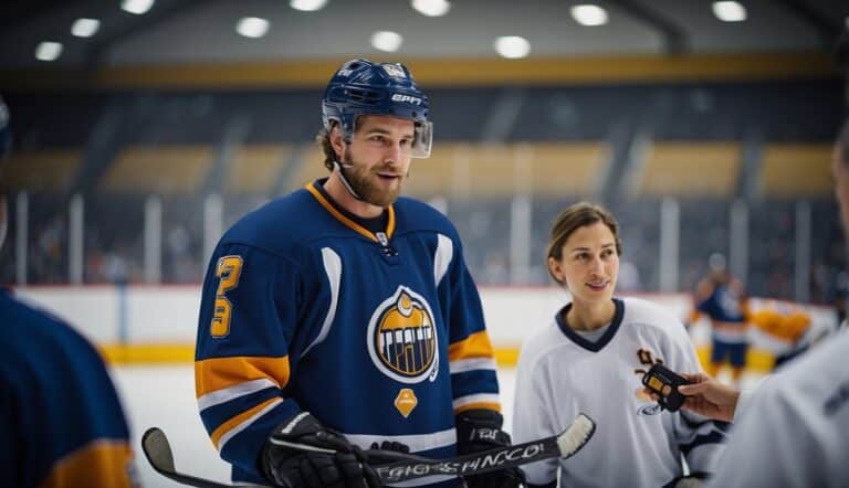 A hockey player receiving nutritional guidance from a dietitian in a sports facility