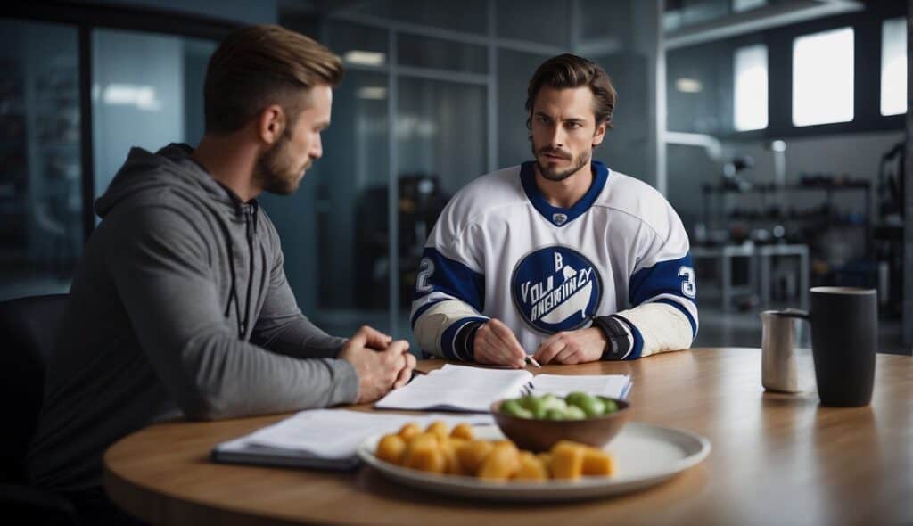 A hockey player consults with a sports nutritionist, discussing dietary needs and strategies. Sports equipment and nutrition charts are visible in the background