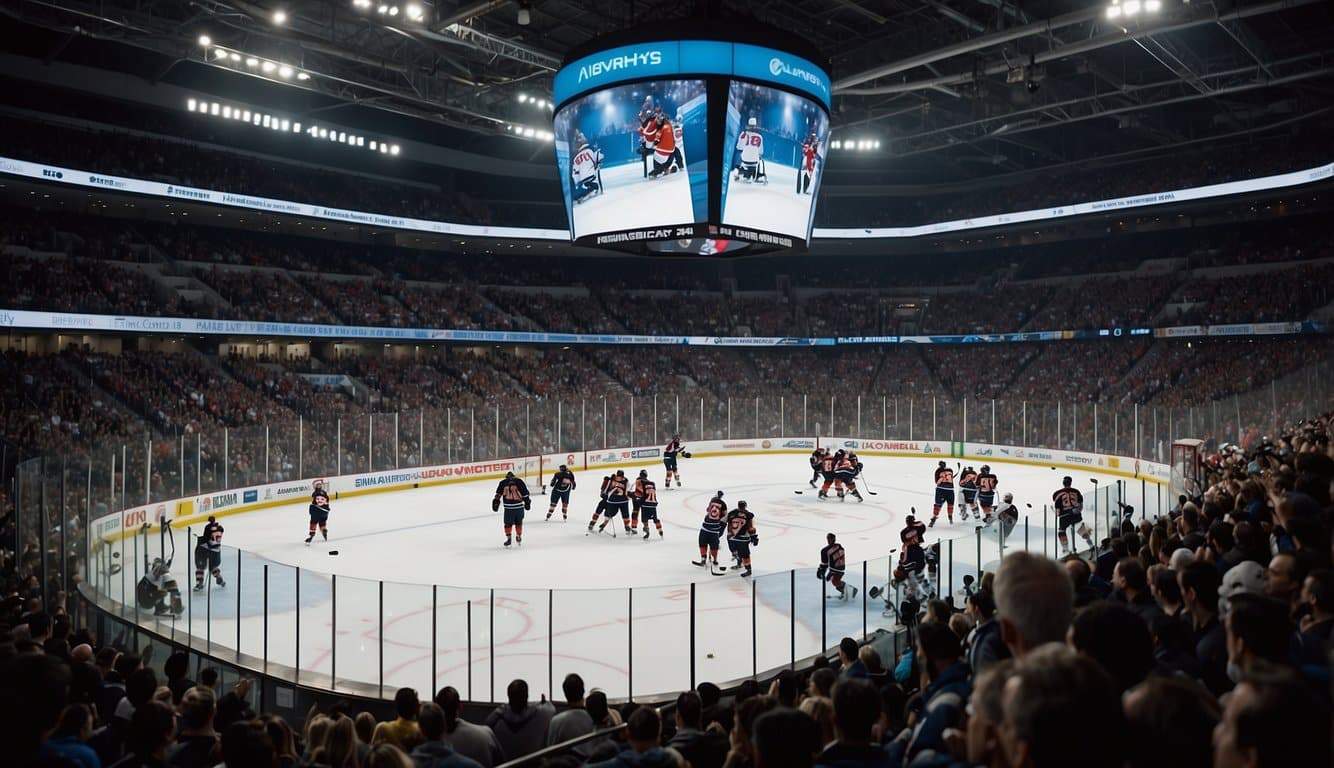 A crowded hockey arena with players in action, fans cheering, and banners of top global hockey leagues displayed