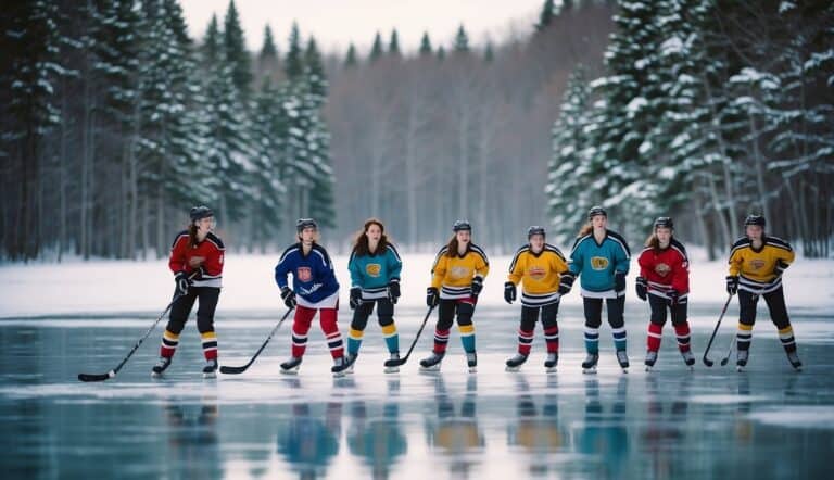 A group of women playing hockey on a frozen pond, with colorful jerseys and sticks in hand, surrounded by snowy trees