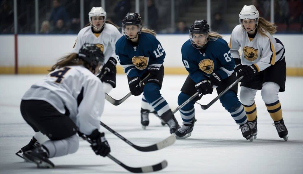 A group of female hockey players face off on the ice, showcasing their skills and determination. They navigate through challenges, striving for success in the sport