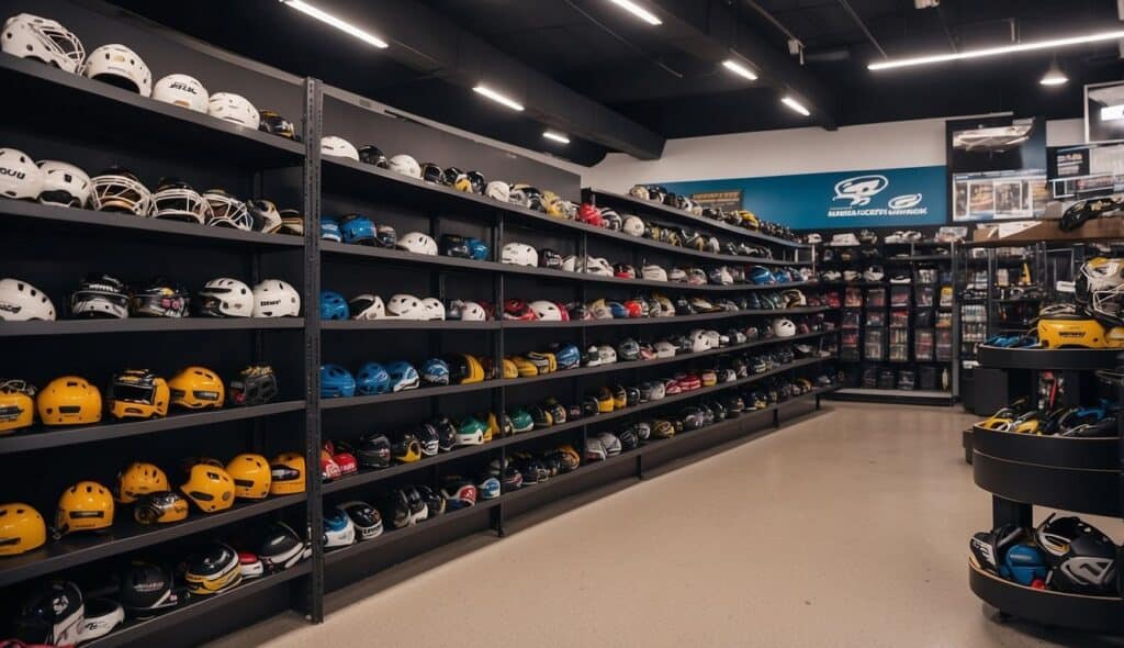 A hockey equipment store with shelves stocked with various gear and a display of maintenance products