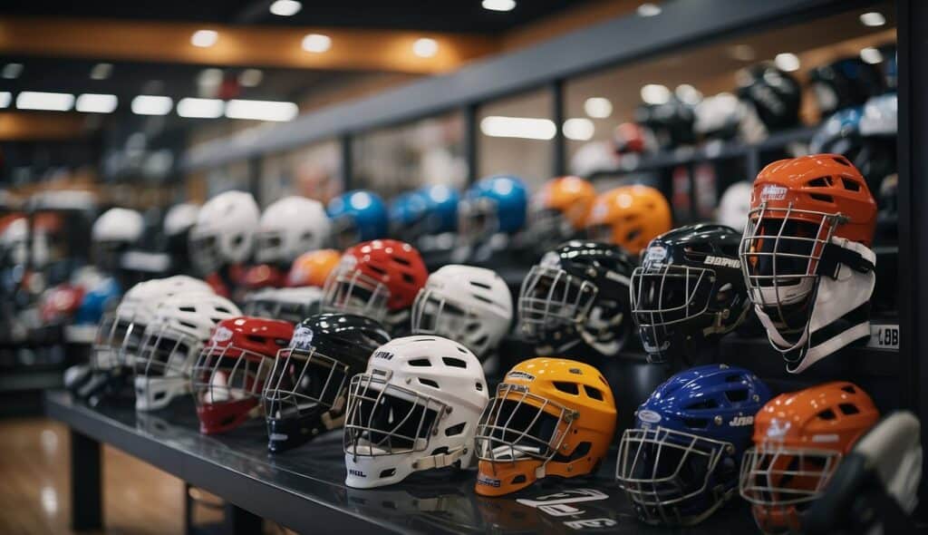 Hockey equipment displayed in a store, including sticks, pads, and helmets. Various options for purchase and care