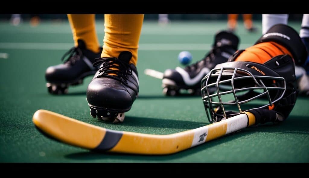 A field hockey player's equipment and the playing field, contrasting field hockey and indoor hockey