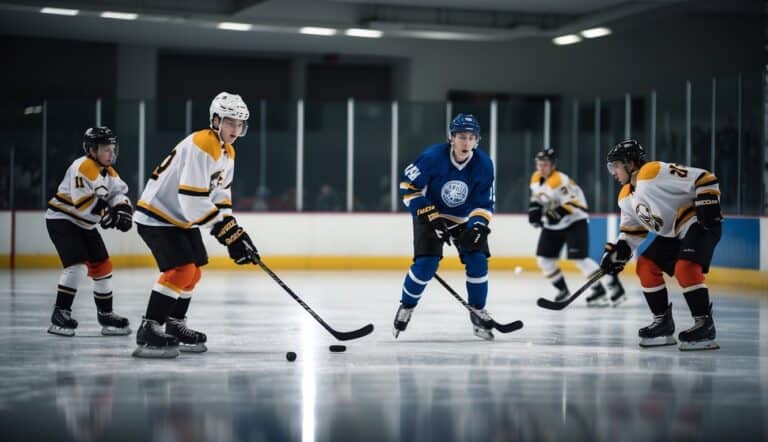 A group of young hockey players practicing on the ice, skating, passing, and shooting pucks under the guidance of coaches