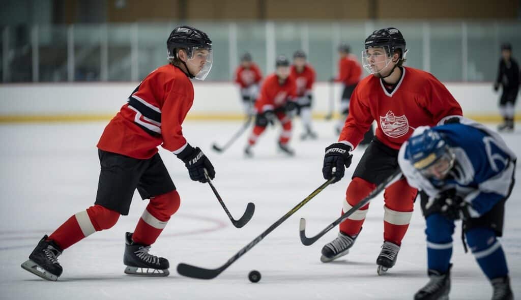 A group of young hockey players participate in skill development and training, focusing on youth development and improvement