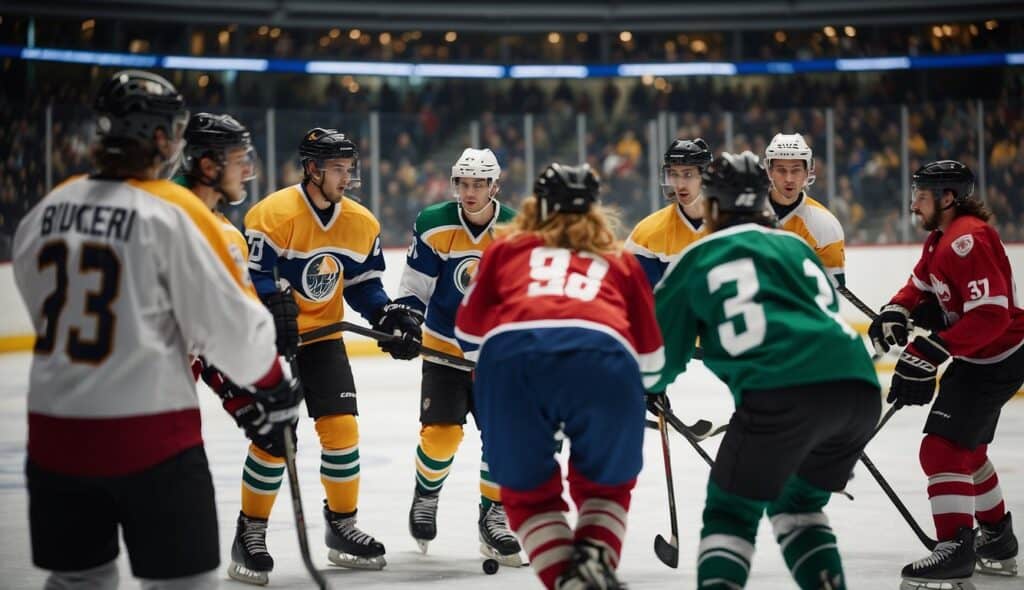 A diverse group of people playing hockey, showing sportsmanship and fair play. Cultural symbols and community spirit are evident in the scene