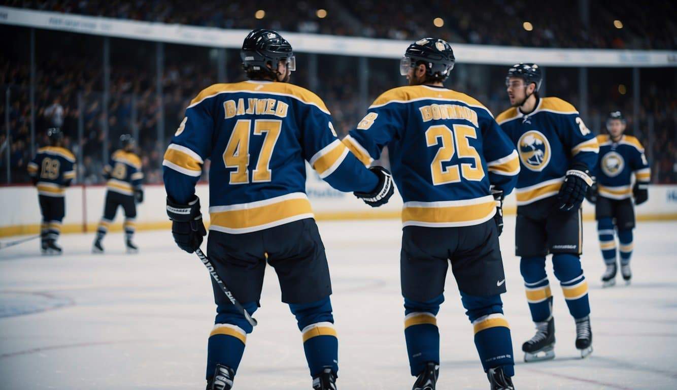 A group of well-known hockey players celebrating a victory on the ice