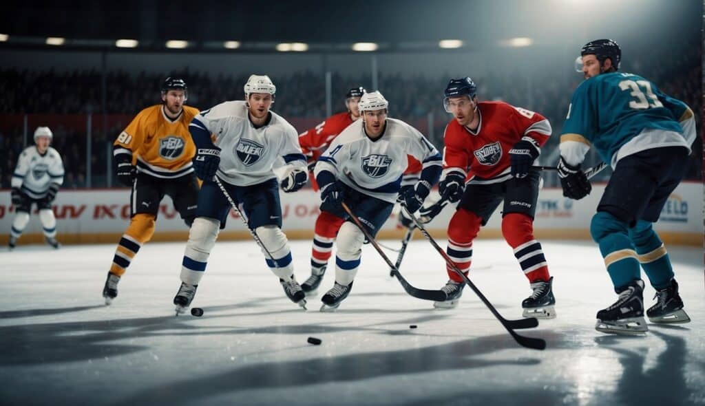 A group of legendary hockey players gathered on the ice, showcasing their skill and determination in a fierce game