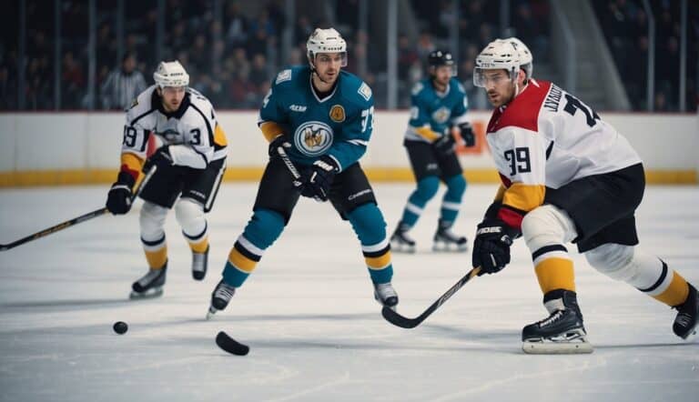 Players skating on ice, passing puck, and shooting at goal in a German hockey rink