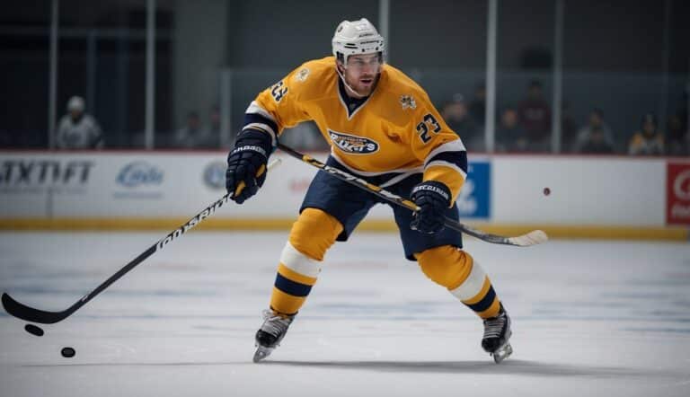 A hockey player practices stickhandling drills on the ice, focusing on quick and precise movements. The player's body is low to the ground, with the stick moving rapidly back and forth