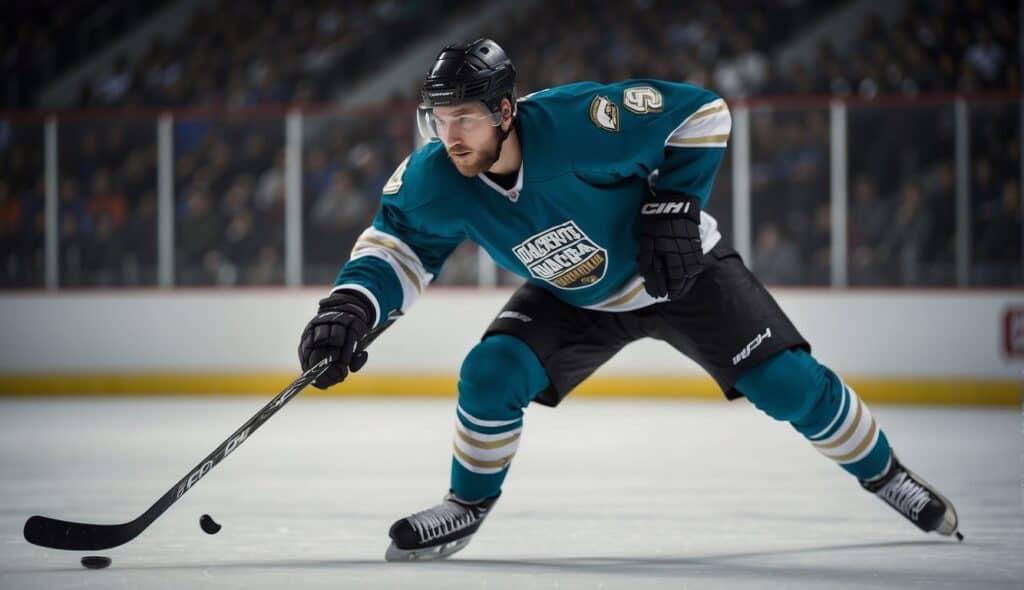 A hockey player practicing basic techniques on the ice, with a focus on stick handling and shooting