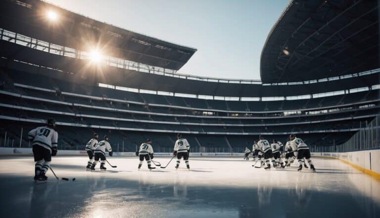 A hockey field with players using sustainable equipment and water bottles. Eco-friendly stadium with solar panels and recycling bins