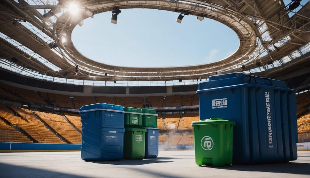 A hockey arena with solar panels on the roof, recycling bins for fans, and players using reusable water bottles