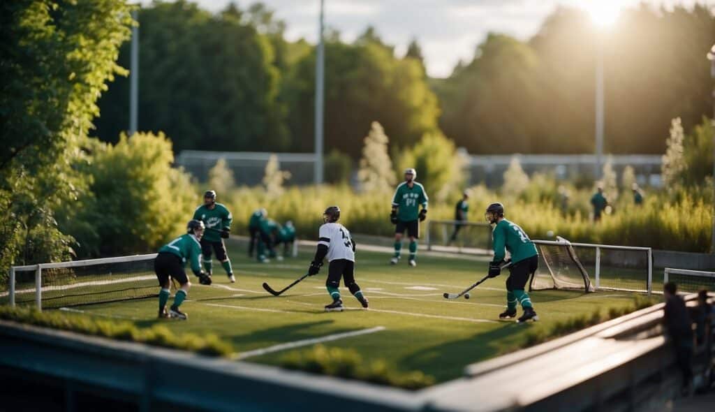 A hockey field surrounded by lush greenery and solar panels, with players using eco-friendly equipment and a recycling station nearby