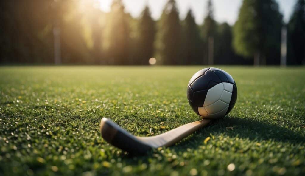 A hockey stick and ball on a green field, surrounded by trees and wildlife, symbolizing sustainability in hockey